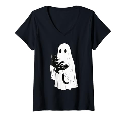 Damen Minimalistischer süßer Geist mit Katze, Hexe, Nu Goth, Wicca T-Shirt mit V-Ausschnitt Damen Minimalistischer süßer Geist mit Katze, Hexe, Nu Goth, Wicca T-Shirt mit V-Ausschnitt von Minimal Halloween Mystical Ghost Occult Design