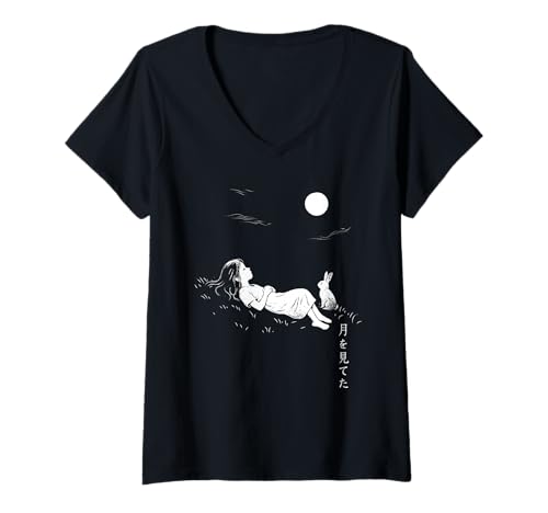 Damen Japanisches Dreamy Night Girl und Rabbit Harajuku T-Shirt mit V-Ausschnitt Damen Japanisches Dreamy Night Girl und Rabbit Harajuku T-Shirt mit V-Ausschnitt von Minimal Harajuku Anime Girl Manga Aesthetic Design