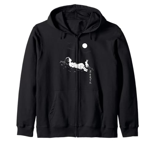 Japanisches Dreamy Night Girl und Rabbit Harajuku Kapuzenjacke von Minimal Harajuku Anime Girl Manga Aesthetic Design