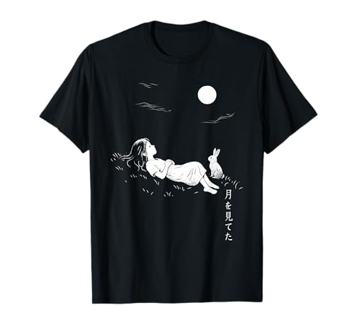 Japanisches Dreamy Night Girl und Rabbit Harajuku T-Shirt von Minimal Harajuku Anime Girl Manga Aesthetic Design