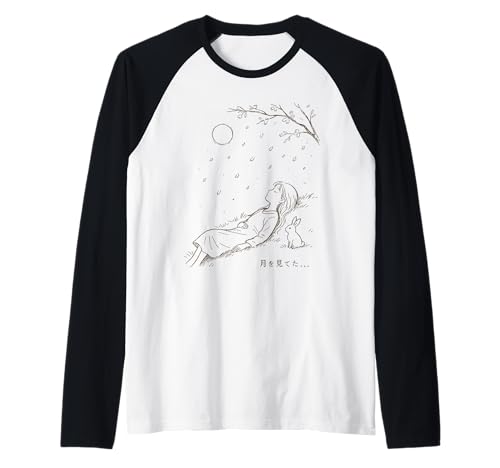 Minimalist Line Art Harajuku Anime Girl & Rabbit Japanisch Raglan von Minimal Harajuku Anime Girl Rabbit Full Moon