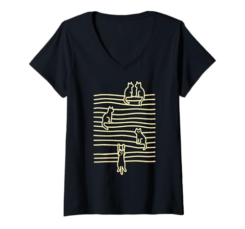 Damen Minimalistische Katzen zum Aufhängen, Spiellinienkunst, ästhetisch T-Shirt mit V-Ausschnitt Damen Minimalistische Katzen zum Aufhängen, Spiellinienkunst, ästhetisch T-Shirt mit V-Ausschnitt von Minimal Line Art Cat Lover Apparel