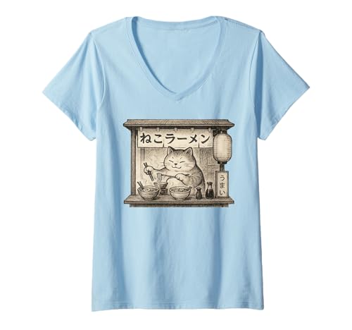 Damen Vintage-Anime-Manga für Ramen-Liebhaber mit Chonky Cat T-Shirt mit V-Ausschnitt Damen Vintage-Anime-Manga für Ramen-Liebhaber mit Chonky Cat T-Shirt mit V-Ausschnitt von Minimal Manga Cat Ramen Noodle Harajuku Aesthetic