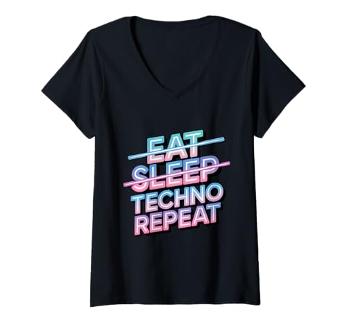 Damen Eat Sleep Techno Repeat, Festival, Musik T-Shirt mit V-Ausschnitt Damen Eat Sleep Techno Repeat, Festival, Musik T-Shirt mit V-Ausschnitt von Minimal Rave Vibes