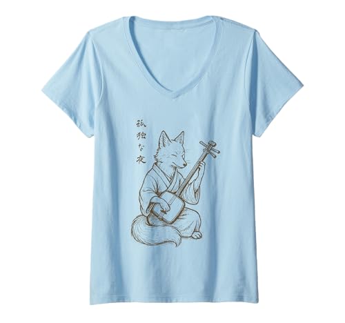 Damen Minimalistischer Harajuku Kitsune Shamisen Japanischer Fuchs T-Shirt mit V-Ausschnitt Damen Minimalistischer Harajuku Kitsune Shamisen Japanischer Fuchs T-Shirt mit V-Ausschnitt von Minimal Shamisen Fox Harajuku Aesthetic Manga