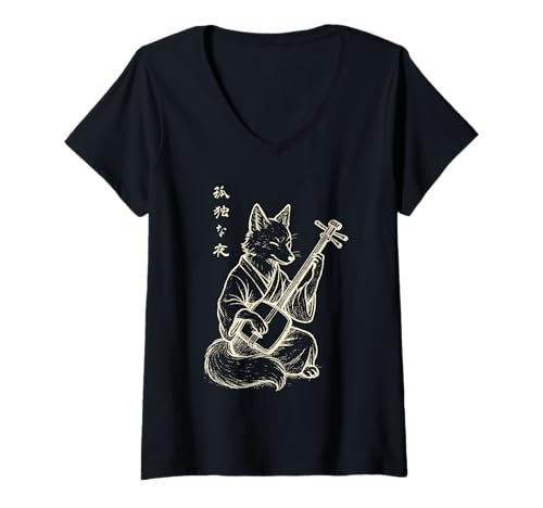 Damen Minimalistischer Harajuku Kitsune Shamisen Japanischer Fuchs T-Shirt mit V-Ausschnitt Damen Minimalistischer Harajuku Kitsune Shamisen Japanischer Fuchs T-Shirt mit V-Ausschnitt von Minimal Shamisen Fox Harajuku Aesthetic Manga