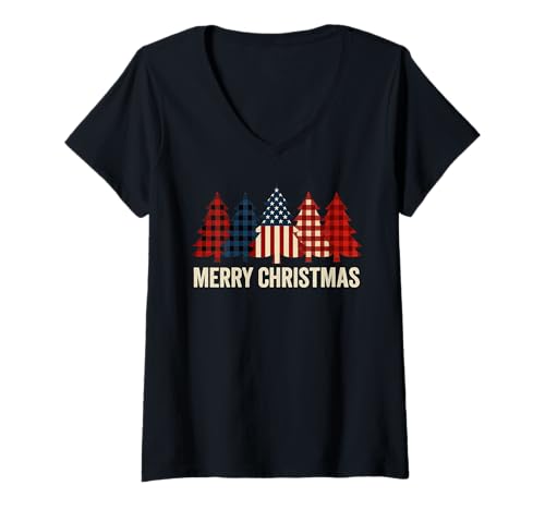 Damen Frohe Weihnachten Patriotische USA-Flagge Baum Weihnachten Feiertage T-Shirt mit V-Ausschnitt Damen Frohe Weihnachten Patriotische USA-Flagge Baum Weihnachten Feiertage T-Shirt mit V-Ausschnitt von Minimal US Flag XMAS Tree Patriotism Plaid Design