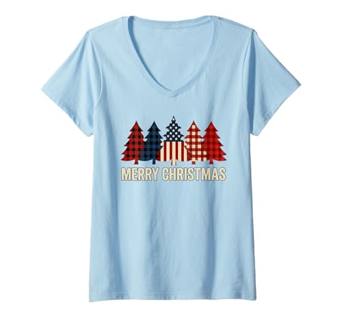 Damen Frohe Weihnachten Patriotische USA-Flagge Baum Weihnachten Feiertage T-Shirt mit V-Ausschnitt Damen Frohe Weihnachten Patriotische USA-Flagge Baum Weihnachten Feiertage T-Shirt mit V-Ausschnitt von Minimal US Flag XMAS Tree Patriotism Plaid Design