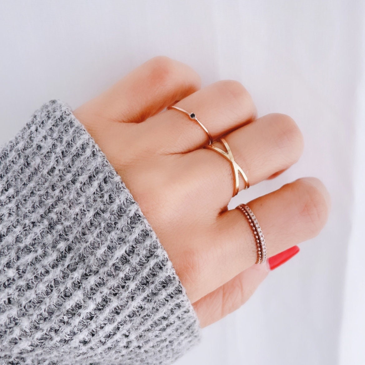 Vielseitig Goldring, X Ring H Ring, 10K 14K Solid Gold Minimalist Einzigartiger Doppelband Schlichter Byby von MinimalAllure