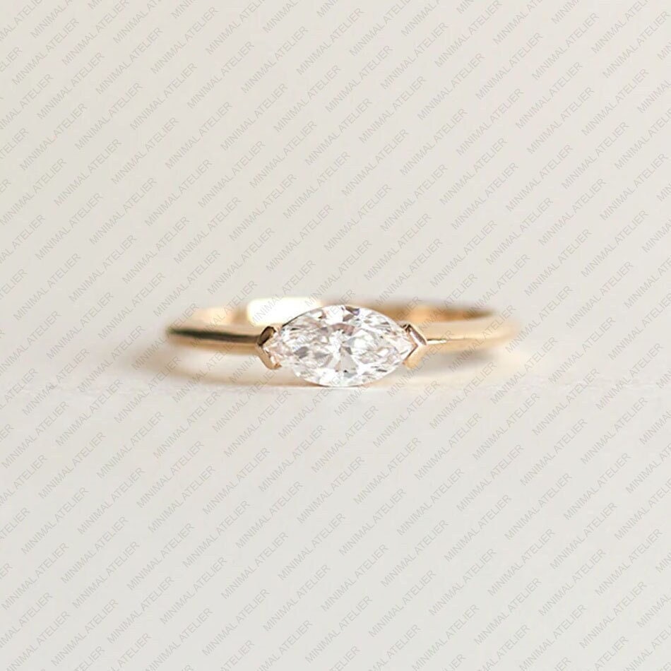Marquise-Ehering, 0, 5 Ct Lab Grown Diamant-Verlobungsring, Solitär-Moissanit-Ring, Massiver 14K-Goldring, Ost-West-Ring von MinimalAtelier