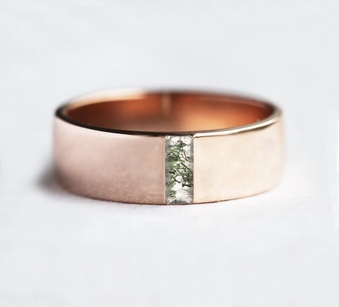 Baguette Moos Herrenring, Moss Achat Band Minimalistisch Roségold Herrenring von MinimalVS