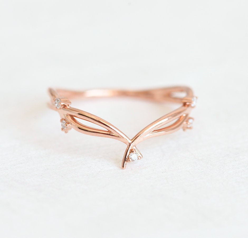 Blumen Ehering, Zweig & Blatt Ring, Rose Gold Zartes Diamant Band, Efeu Verlobungsband von MinimalVS