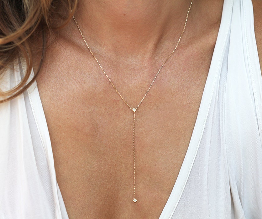 Diamant Lariat Halskette, Princess Halskette in 14K Gelbgold. Rose Gold Lariat, Weißgold Zarte Kette von MinimalVS