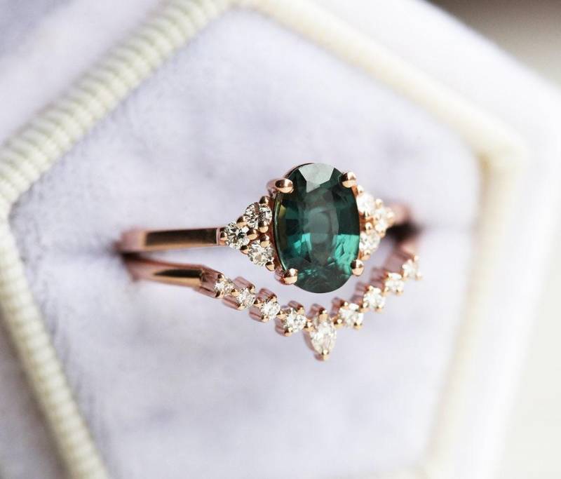 Oval Teal Saphir Und Diamant Ring Oder Set, Grüner Verlobungsring Cluster Aus 750 Gold Platin Oval Teal Saphir Und Diamant Ring Oder Set, Grüner Verlobungsring Cluster Aus 750 Gold Platin von MinimalVS