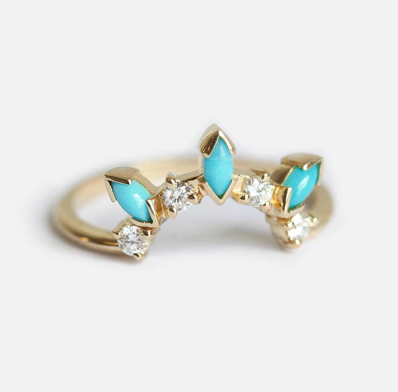 Türkis Diamant Ehering, Geschwungener Ring Mit Marquise Türkisen, Gelbgold Ehering von MinimalVS