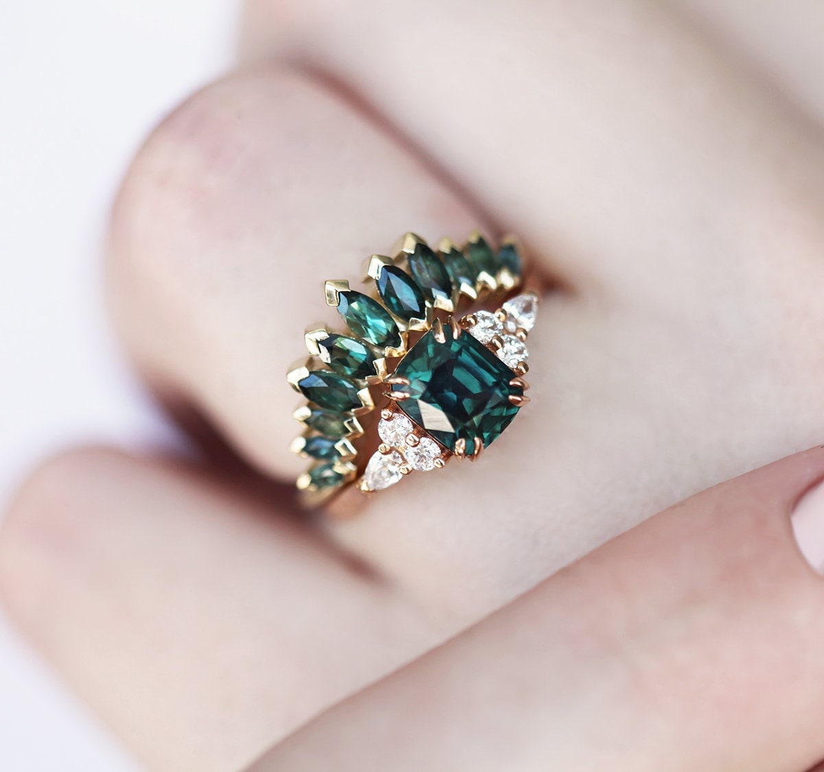 Türkis Saphir Ring Set, Einzigartiges Verlobungsset Mit Kissen Pfau von MinimalVS