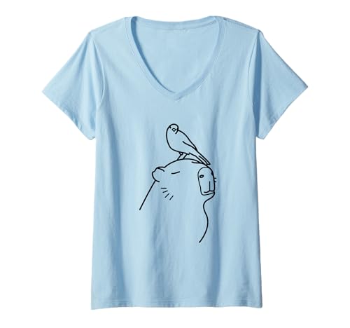 Damen Capybara und Dove Peaceful Line Art T-Shirt mit V-Ausschnitt Damen Capybara und Dove Peaceful Line Art T-Shirt mit V-Ausschnitt von Minimalist Capybara Animal Line Art Studio