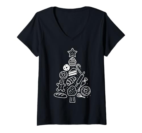 Damen Süßes Gebäck-Bäcker mit Weihnachtsmotiv, minimales Backen T-Shirt mit V-Ausschnitt Damen Süßes Gebäck-Bäcker mit Weihnachtsmotiv, minimales Backen T-Shirt mit V-Ausschnitt von Minimalist Christmas Tree Baking XMAS Holidays