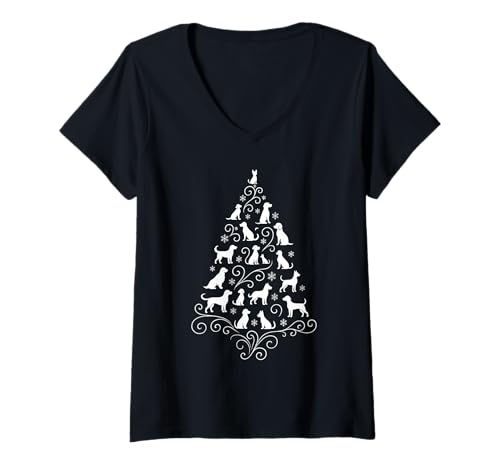 Damen Eleganter minimalistischer Weihnachtsbaum mit Hunde-Silhouette T-Shirt mit V-Ausschnitt Damen Eleganter minimalistischer Weihnachtsbaum mit Hunde-Silhouette T-Shirt mit V-Ausschnitt von Minimalist Dog Silhouettes Cute XMAS Animal Design