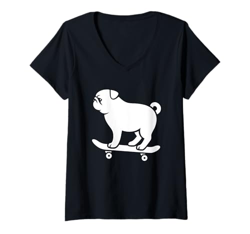Damen Coole Mops-Skater-Silhouette-Design T-Shirt mit V-Ausschnitt Damen Coole Mops-Skater-Silhouette-Design T-Shirt mit V-Ausschnitt von Minimalist Dog Skateboarding Silhouette Art