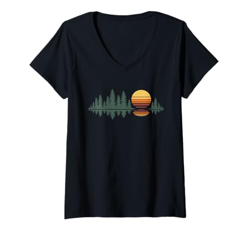 Damen Retro Sunset Pine Forest Lake Reflection Natur Outdoor T-Shirt mit V-Ausschnitt Damen Retro Sunset Pine Forest Lake Reflection Natur Outdoor T-Shirt mit V-Ausschnitt von Minimalist Evergreen Landscape Wilderness Art