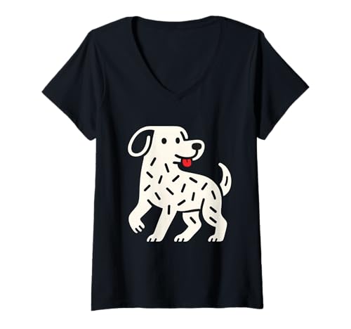 Damen Minimalistische lustige Hunde-Liebhaber, schrullige abstrakte Welpen-Linienkunst T-Shirt mit V-Ausschnitt von Minimalist Funny Dog Lover Quirky Abstract Puppy
