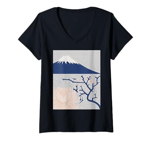 Damen Japanischer Mount Fuji Sakura Chrysantheme Wave Art Damen Herren T-Shirt mit V-Ausschnitt Damen Japanischer Mount Fuji Sakura Chrysantheme Wave Art Damen Herren T-Shirt mit V-Ausschnitt von Minimalist Japan Nature Aesthetic Blossom Mountain