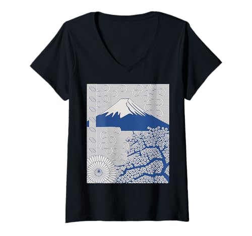 Damen Japanischer Mount Fuji Sakura Chrysantheme Wave Art Damen Herren T-Shirt mit V-Ausschnitt von Minimalist Japan Nature Aesthetic Blossom Mountain