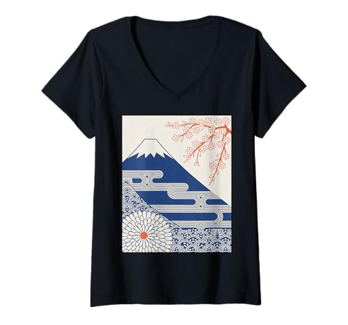 Damen Japanischer Mount Fuji Sakura Chrysantheme Wave Art Damen Herren T-Shirt mit V-Ausschnitt von Minimalist Japan Nature Aesthetic Blossom Mountain