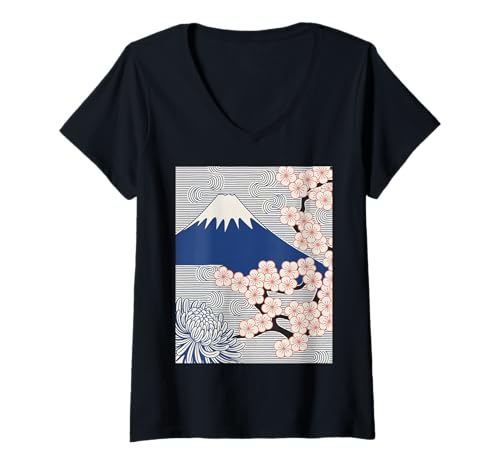 Damen Japanischer Mount Fuji Sakura Chrysantheme Wave Art Damen Herren T-Shirt mit V-Ausschnitt von Minimalist Japan Nature Aesthetic Blossom Mountain