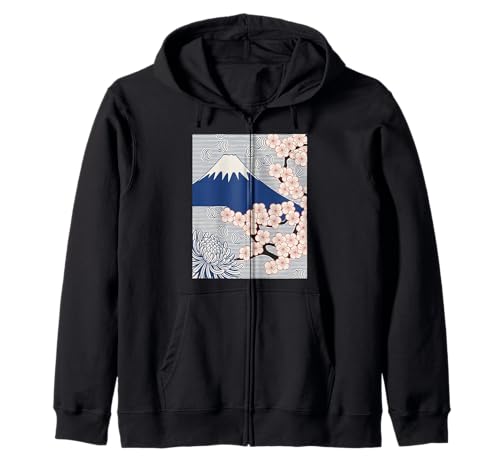 Japanischer Mount Fuji Sakura Chrysantheme Wave Art Damen Herren Kapuzenjacke Japanischer Mount Fuji Sakura Chrysantheme Wave Art Damen Herren Kapuzenjacke von Minimalist Japan Nature Aesthetic Blossom Mountain