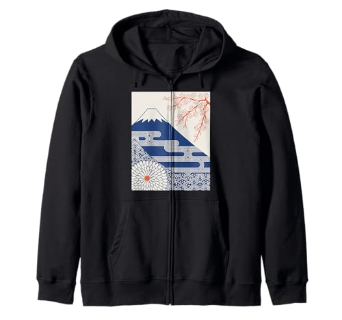 Japanischer Mount Fuji Sakura Chrysantheme Wave Art Damen Herren Kapuzenjacke Japanischer Mount Fuji Sakura Chrysantheme Wave Art Damen Herren Kapuzenjacke von Minimalist Japan Nature Aesthetic Blossom Mountain