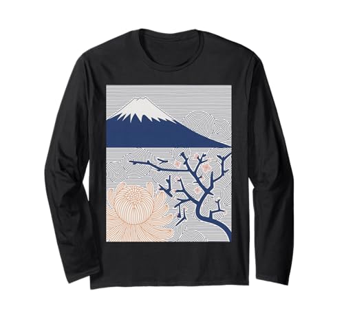 Japanischer Mount Fuji Sakura Chrysantheme Wave Art Damen Herren Langarmshirt Japanischer Mount Fuji Sakura Chrysantheme Wave Art Damen Herren Langarmshirt von Minimalist Japan Nature Aesthetic Blossom Mountain