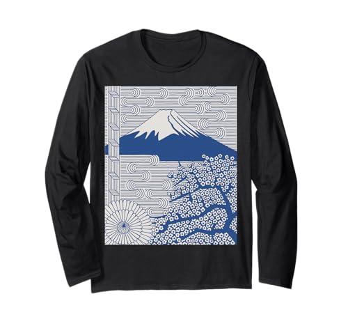 Japanischer Mount Fuji Sakura Chrysantheme Wave Art Damen Herren Langarmshirt Japanischer Mount Fuji Sakura Chrysantheme Wave Art Damen Herren Langarmshirt von Minimalist Japan Nature Aesthetic Blossom Mountain