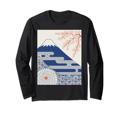 Japanischer Mount Fuji Sakura Chrysantheme Wave Art Damen Herren Langarmshirt Japanischer Mount Fuji Sakura Chrysantheme Wave Art Damen Herren Langarmshirt von Minimalist Japan Nature Aesthetic Blossom Mountain