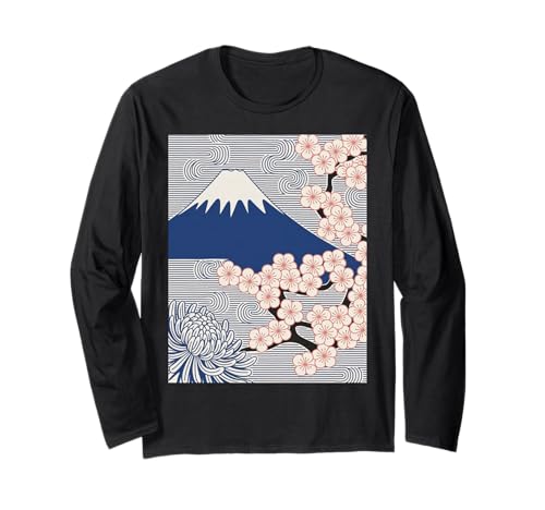 Japanischer Mount Fuji Sakura Chrysantheme Wave Art Damen Herren Langarmshirt Japanischer Mount Fuji Sakura Chrysantheme Wave Art Damen Herren Langarmshirt von Minimalist Japan Nature Aesthetic Blossom Mountain
