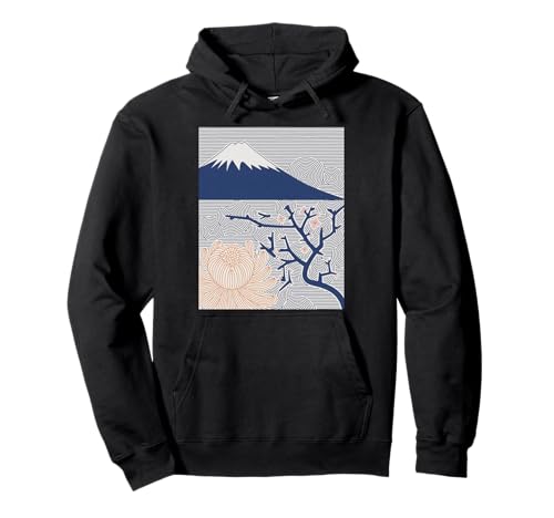 Japanischer Mount Fuji Sakura Chrysantheme Wave Art Damen Herren Pullover Hoodie von Minimalist Japan Nature Aesthetic Blossom Mountain