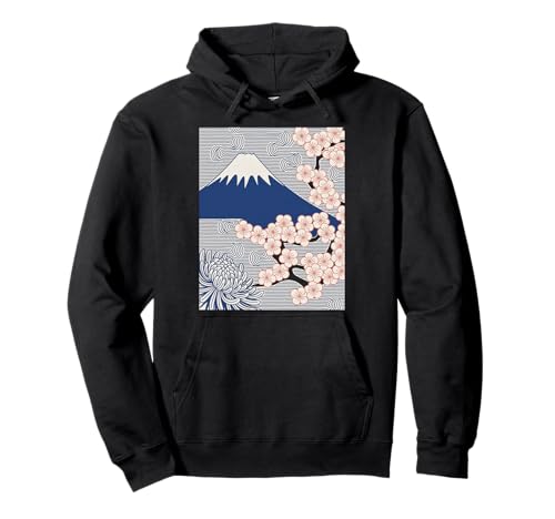 Japanischer Mount Fuji Sakura Chrysantheme Wave Art Damen Herren Pullover Hoodie Japanischer Mount Fuji Sakura Chrysantheme Wave Art Damen Herren Pullover Hoodie von Minimalist Japan Nature Aesthetic Blossom Mountain