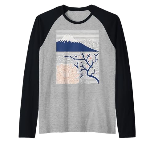 Japanischer Mount Fuji Sakura Chrysantheme Wave Art Damen Herren Raglan von Minimalist Japan Nature Aesthetic Blossom Mountain