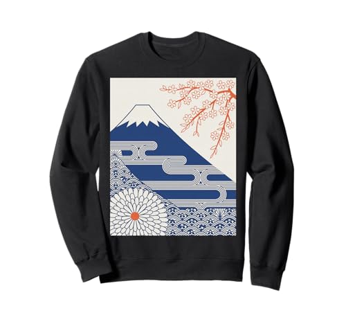 Japanischer Mount Fuji Sakura Chrysantheme Wave Art Damen Herren Sweatshirt von Minimalist Japan Nature Aesthetic Blossom Mountain