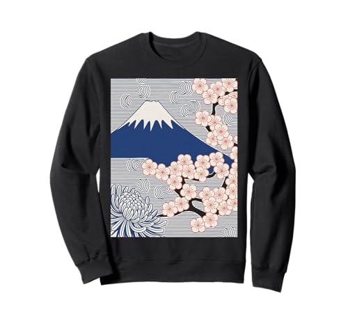 Japanischer Mount Fuji Sakura Chrysantheme Wave Art Damen Herren Sweatshirt von Minimalist Japan Nature Aesthetic Blossom Mountain