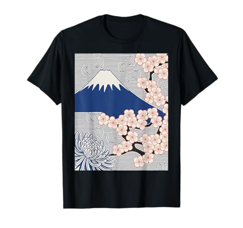 Japanischer Mount Fuji Sakura Chrysantheme Wave Art Damen Herren T-Shirt Japanischer Mount Fuji Sakura Chrysantheme Wave Art Damen Herren T-Shirt von Minimalist Japan Nature Aesthetic Blossom Mountain