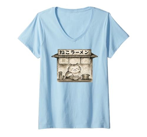 Damen Vintage Chonky Cat Ramen Nudelliebhaber Harajuku Manga T-Shirt mit V-Ausschnitt von Minimalist Line Art Harajuku Neko Ramen Japanese