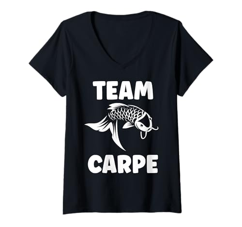 Damen Humor minimalist fish carp small simple team carp T-Shirt mit V-Ausschnitt von Minimalist fish Funny carp lover