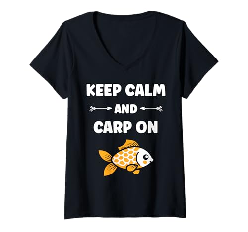Damen Humor minimalist fish quote keep calm and carp T-Shirt mit V-Ausschnitt von Minimalist fish Funny carp lover