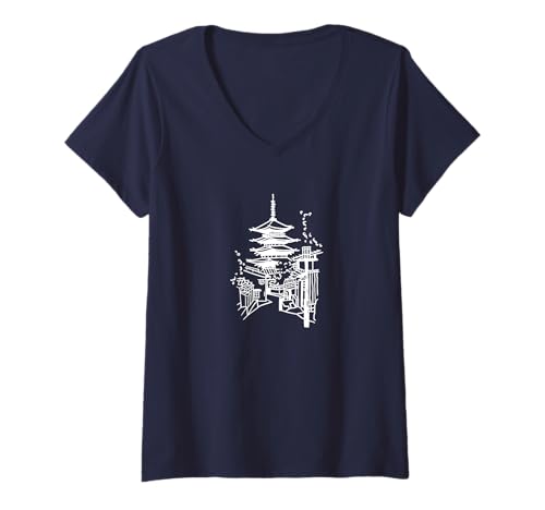 Damen Tokyo Ästhetische Minimalistische, traditionelle japanische Architektur T-Shirt mit V-Ausschnitt von Minimalistic Urban Sophistication