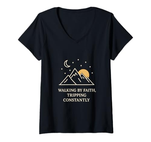 Damen Walking by Faith Tripping Constantly Glaubensspruch Humor T-Shirt mit V-Ausschnitt Damen Walking by Faith Tripping Constantly Glaubensspruch Humor T-Shirt mit V-Ausschnitt von Minimalistische Berge Mond Sterne Inspiration