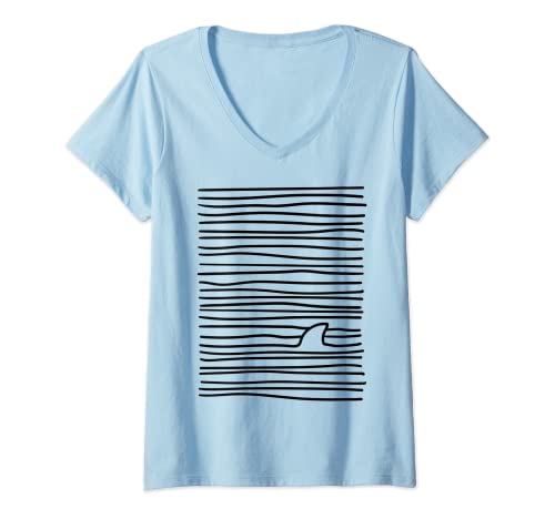 Damen Minimalistische Strichzeichnung Einfache einzigartige T-Shirt mit V-Ausschnitt von Minimalistische Haifischflosse Strichzeichnung von