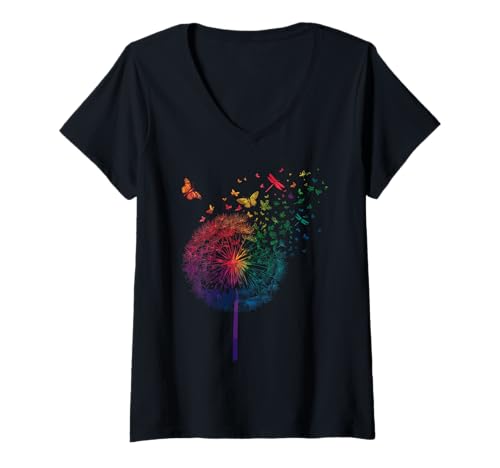 Damen Regenbogen Pusteblumen Libellen Minimalistisch Schmetterling T-Shirt mit V-Ausschnitt von Minimalistische Sommer Blumen für Blumenliebhaber