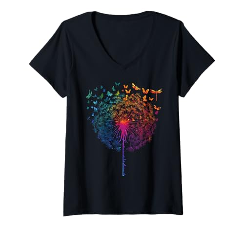 Damen Regenbogen Pusteblumen Libellen Minimalistisch Schmetterling T-Shirt mit V-Ausschnitt von Minimalistische Sommer Blumen für Blumenliebhaber